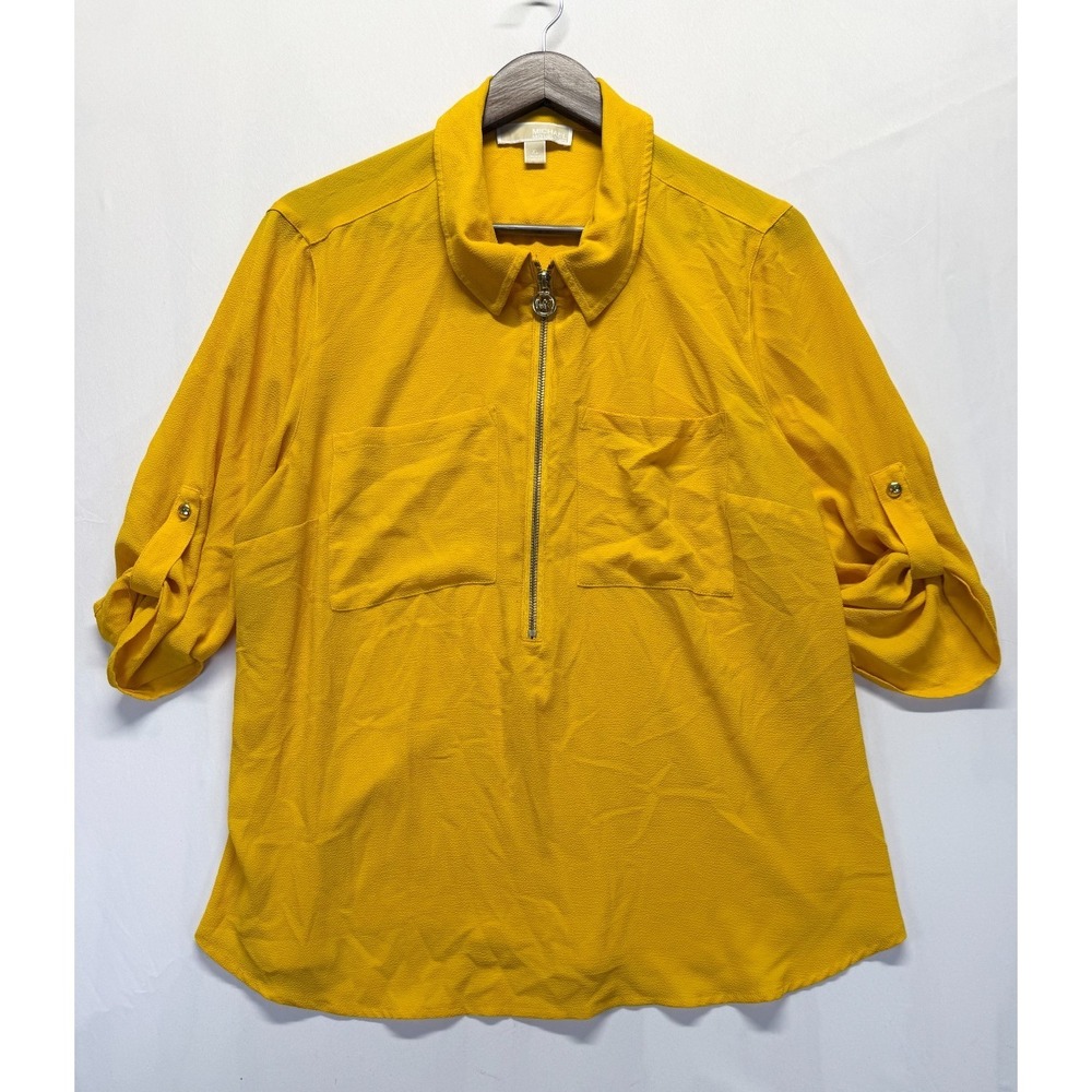 Michael Kors Blouse Top Womens XL Yellow Gold Roll Tab Sleeves Half Zip Casual